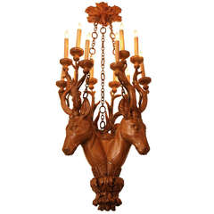 Hand Carved Wood Chandelier with Three Deer Heads