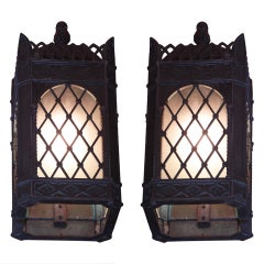 1929 Pair of Bronze Tudor Style Sconces with Frosted Glass from Port Arthur, TX