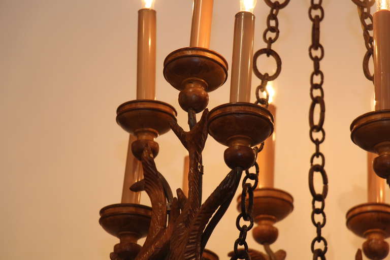 Mid-20th Century Hand Carved Wood Chandelier with Three Deer Heads