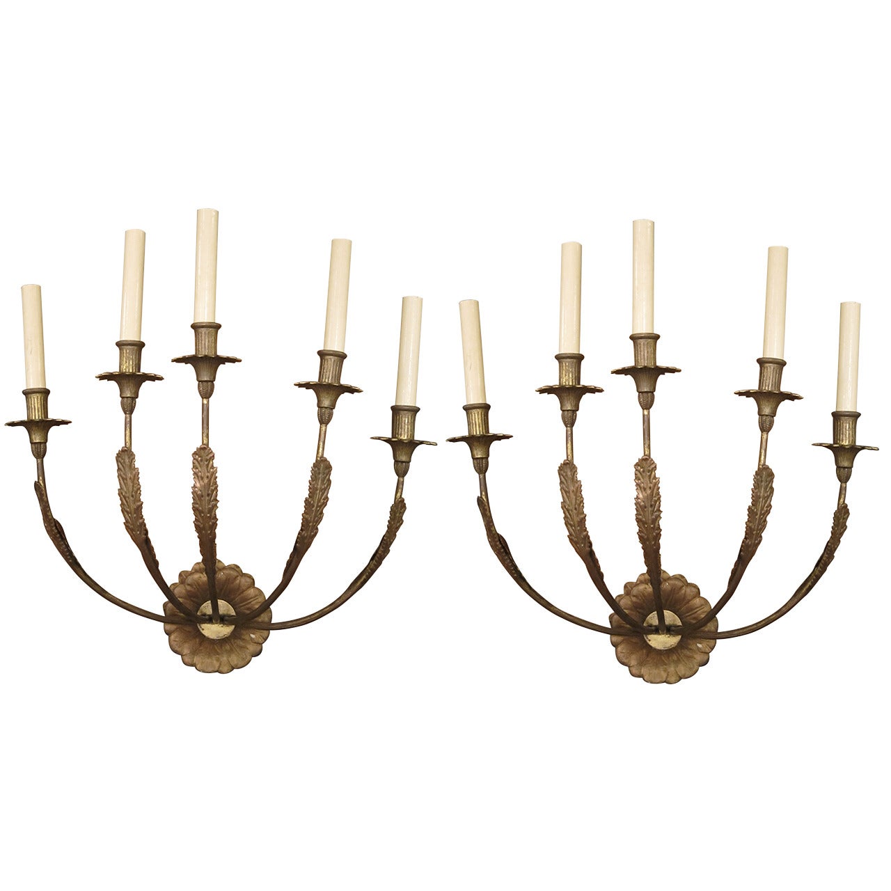1890s Pair of Five-Light Victorian Sconces with Gesso Leaves