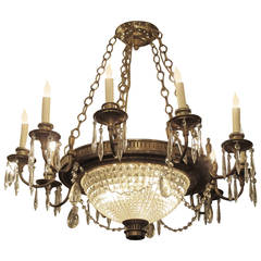 1920s French Empire Style Crystal and Bronze Twelve-Arm Chandelier