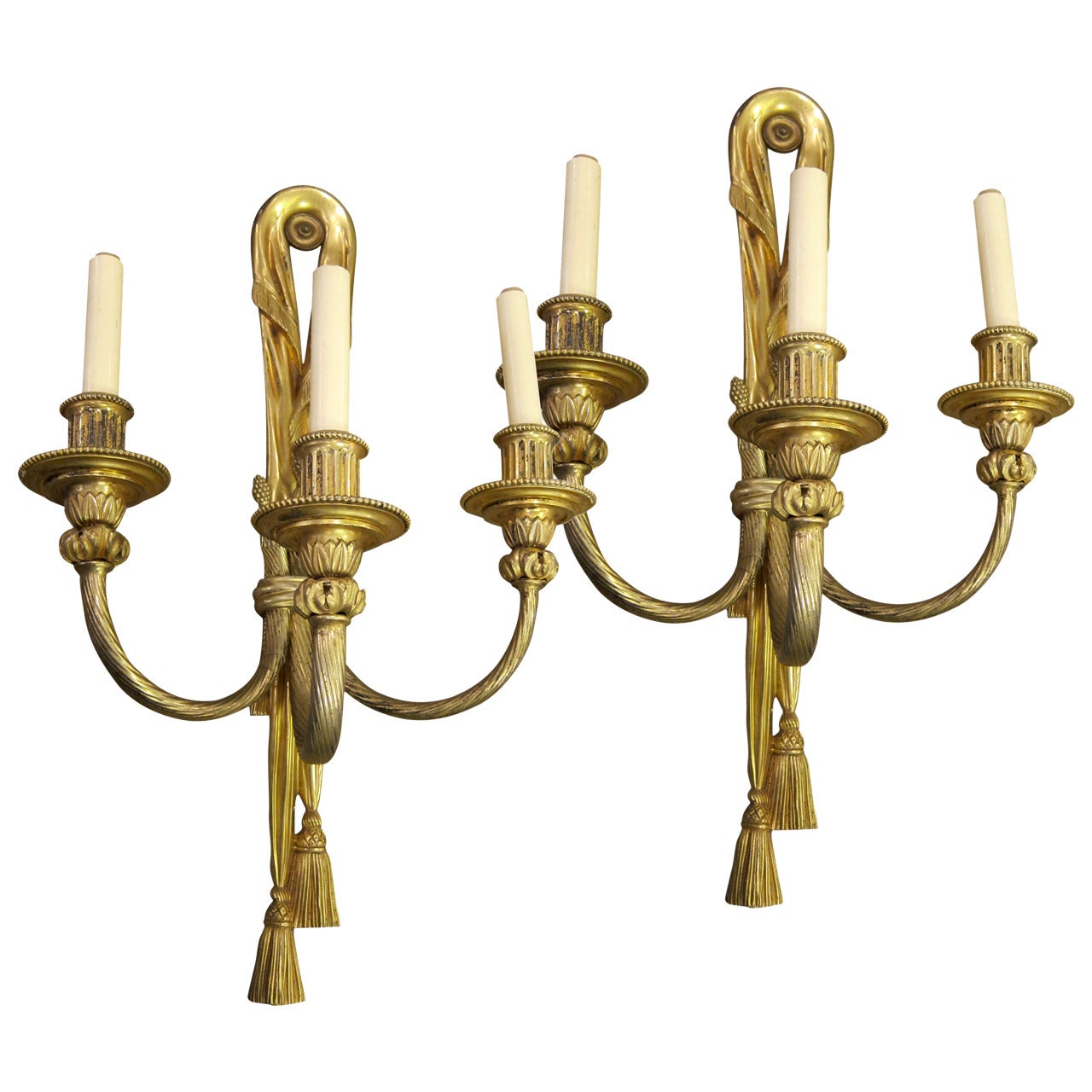 1900s Pair of Three-Light French Gilt Bronze Neoclassical Sconces
