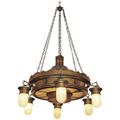 1940s Brooklyn Church Brass and Steel Downlight Chandelier with Original Shades