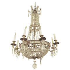 Antique Late 1800s French Bronze and Rock Crystal Eight-Light Chandelier
