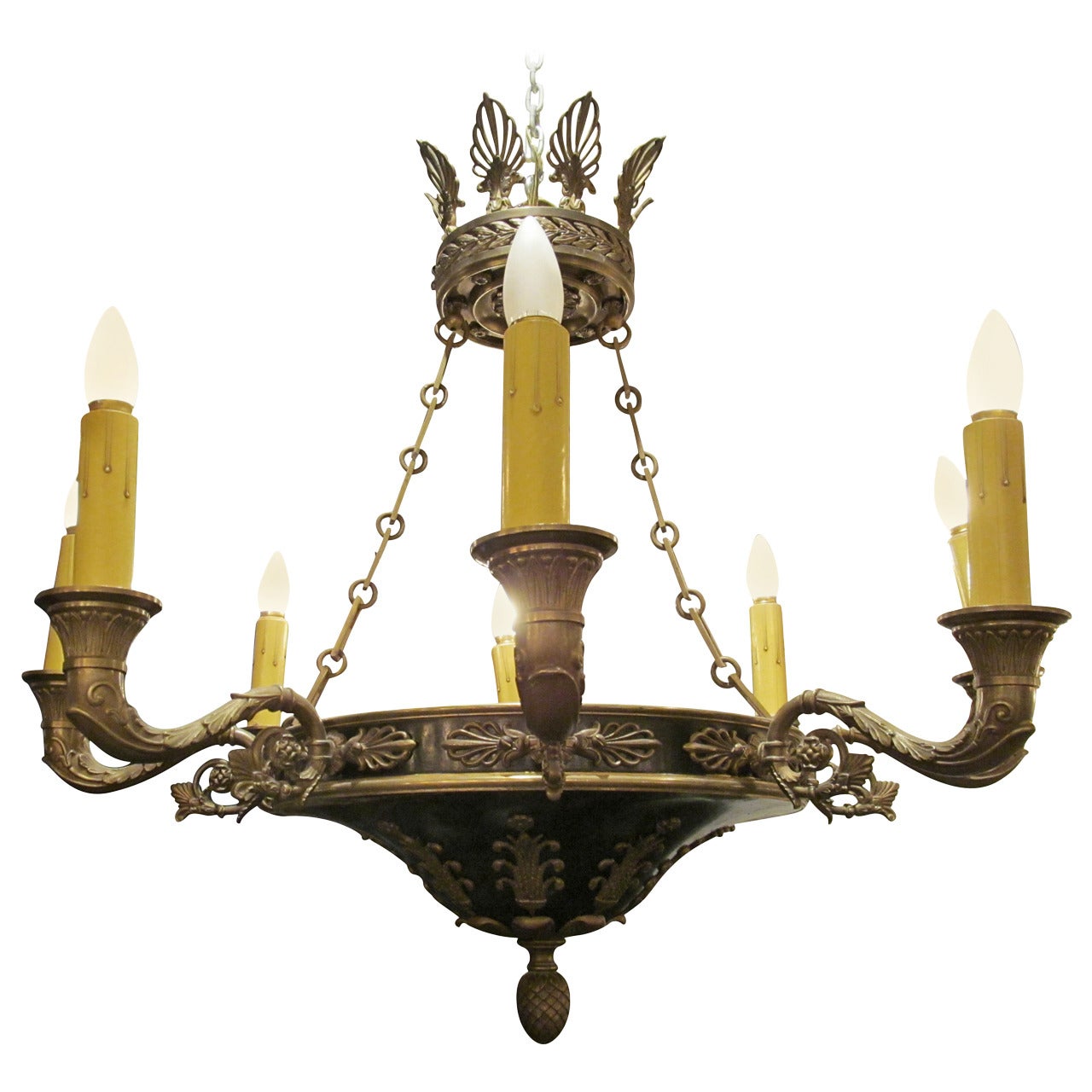 1925 Bronze Empire Eight-Light Chandelier from the Palmer House Hotel, Chicago