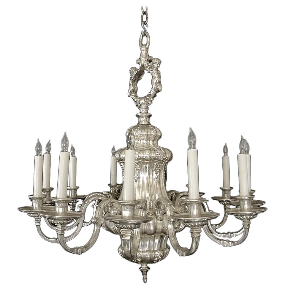 1900s Silvered Bronze TwelveLight Chandelier by E. F. Caldwell For