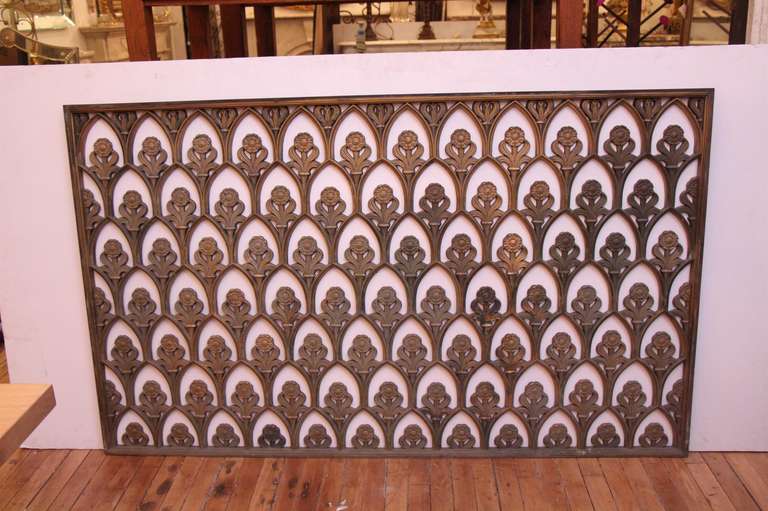 This large cast bronze floral grille is from The Bronx Saving Bank in the Bronx, NY.  This item can be seen at our 149 Madison Avenue store at 32nd St in Manhattan.