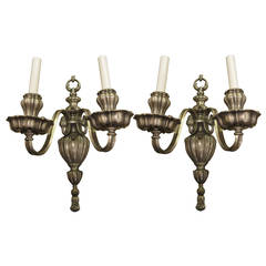 1910 Pair of Silvered Bronze Georgian Style, Two-Light Sconces by E. F. Caldwell 1