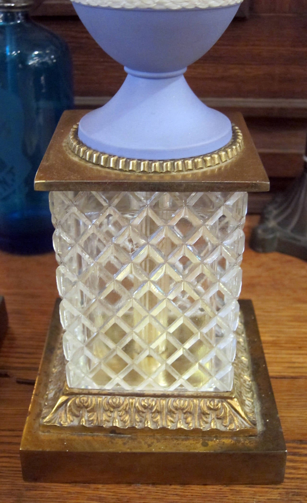 Early 20th Century 1920s Pair of English Made Wedgewood Table Lamps with Cut Crystal Bases