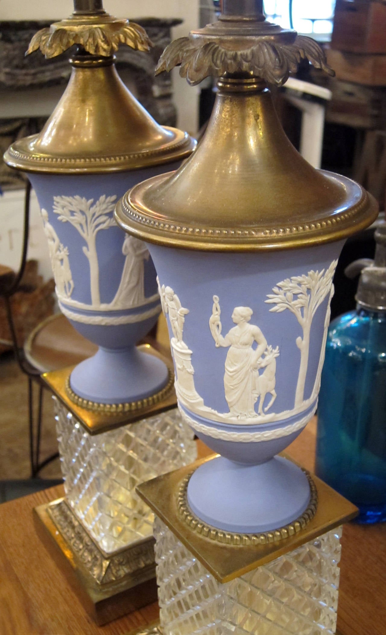 1920s English made blue lamps crafted out Wedgwood with cut crystal bases. This item can be viewed at our 400 Gilligan St location in Scranton, PA.