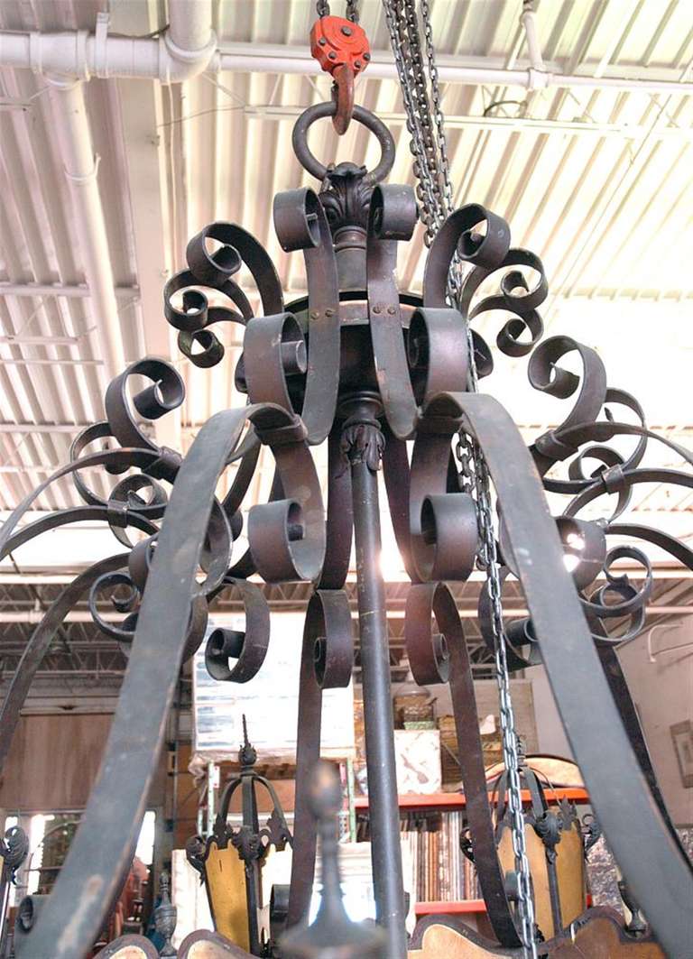 Huge Bronze and Iron Theatre Chandelier with Painted Glass ...