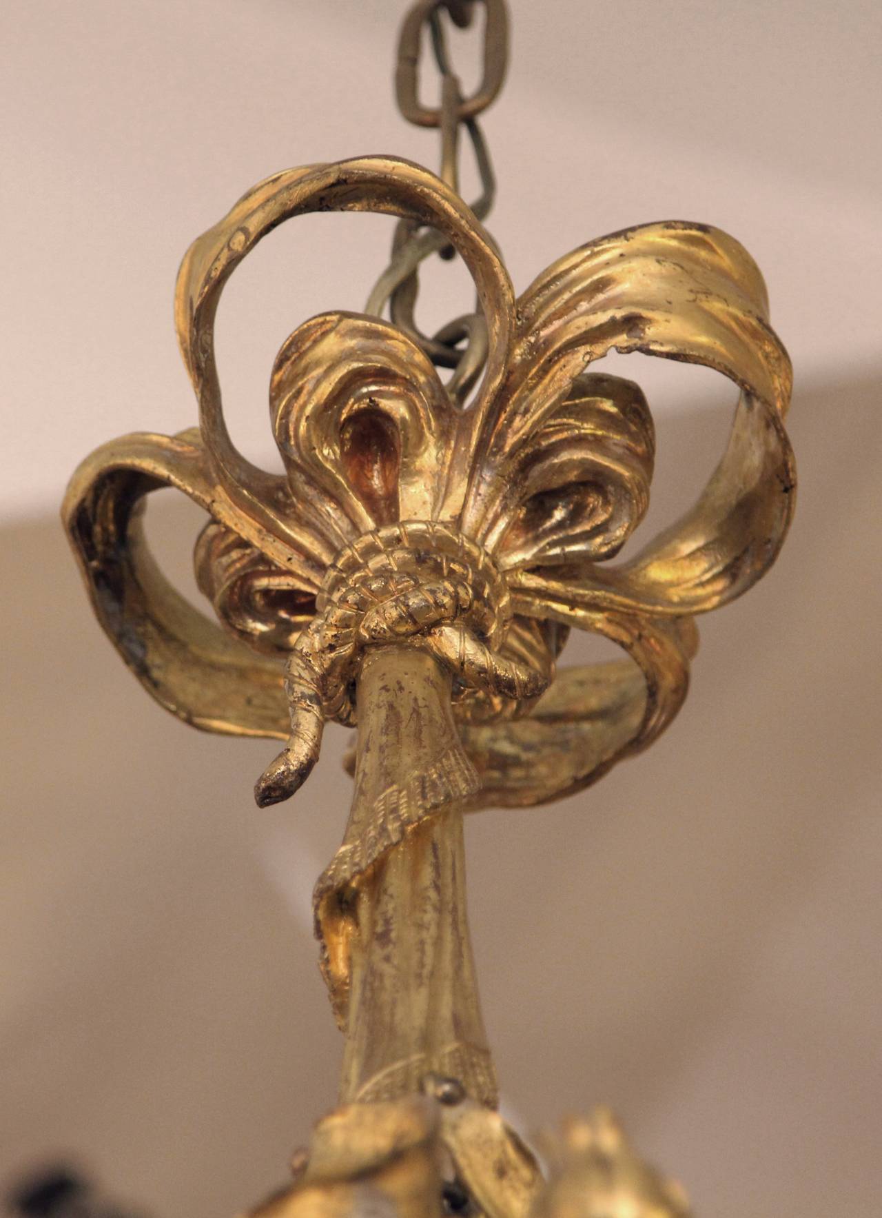 Early 20th Century 1900s French Ormolu Bronze Chandelier with Flowers, Rope, Ribbons and a Serpent