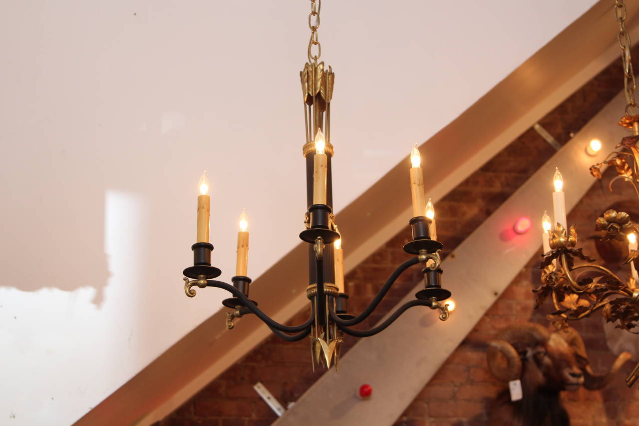 1930s French Regency Gold and Black Six-Light Chandelier with Swags and Spears In Excellent Condition In New York, NY