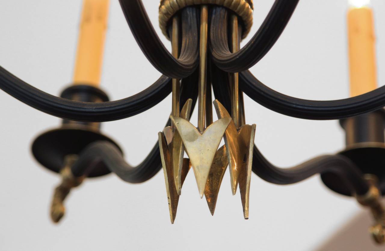 1930s French Regency Gold and Black Six-Light Chandelier with Swags and Spears 1