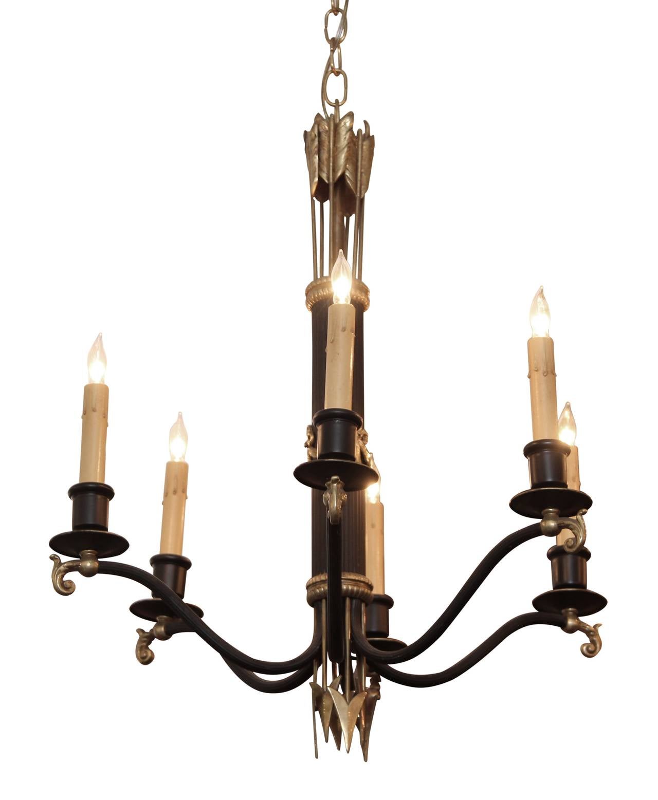 1930s chandelier painted gold and black in the French Regency style, featuring six lights and both swags and spears. This item can be viewed at our 302 Bowery location in Manhattan.