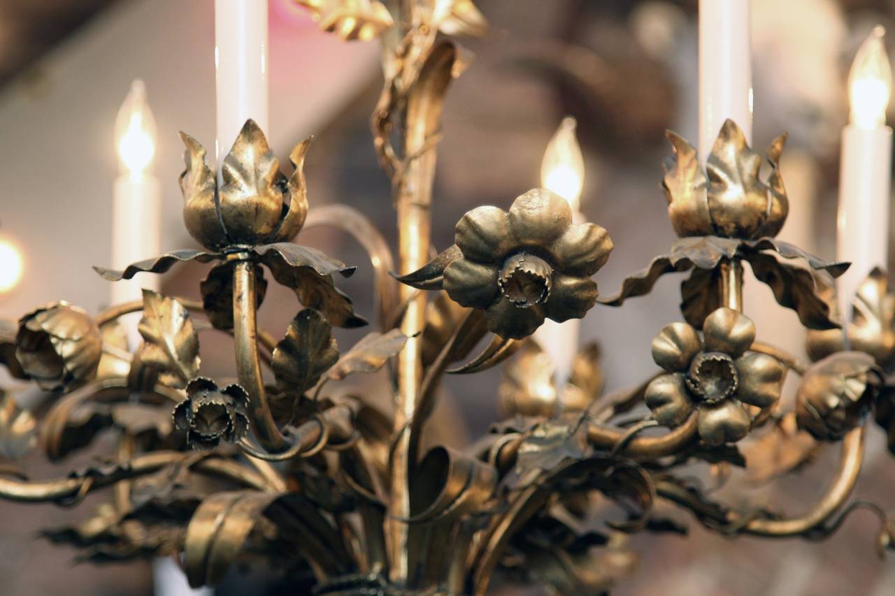 1950s Italian Gilt Metal Floral Six-Light Chandelier with Wheat and Ropes 1