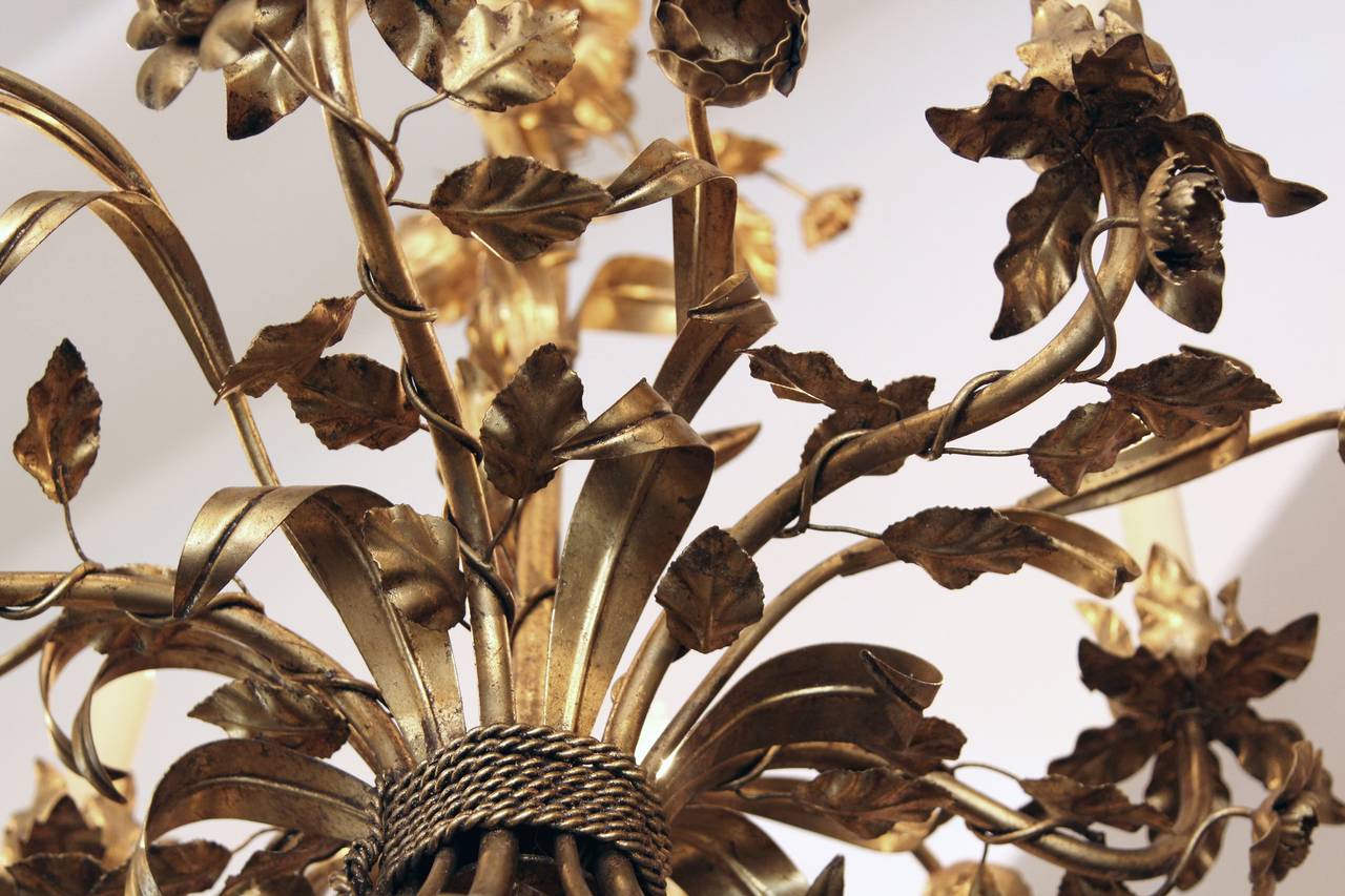 1950s Italian Gilt Metal Floral Six-Light Chandelier with Wheat and Ropes 4