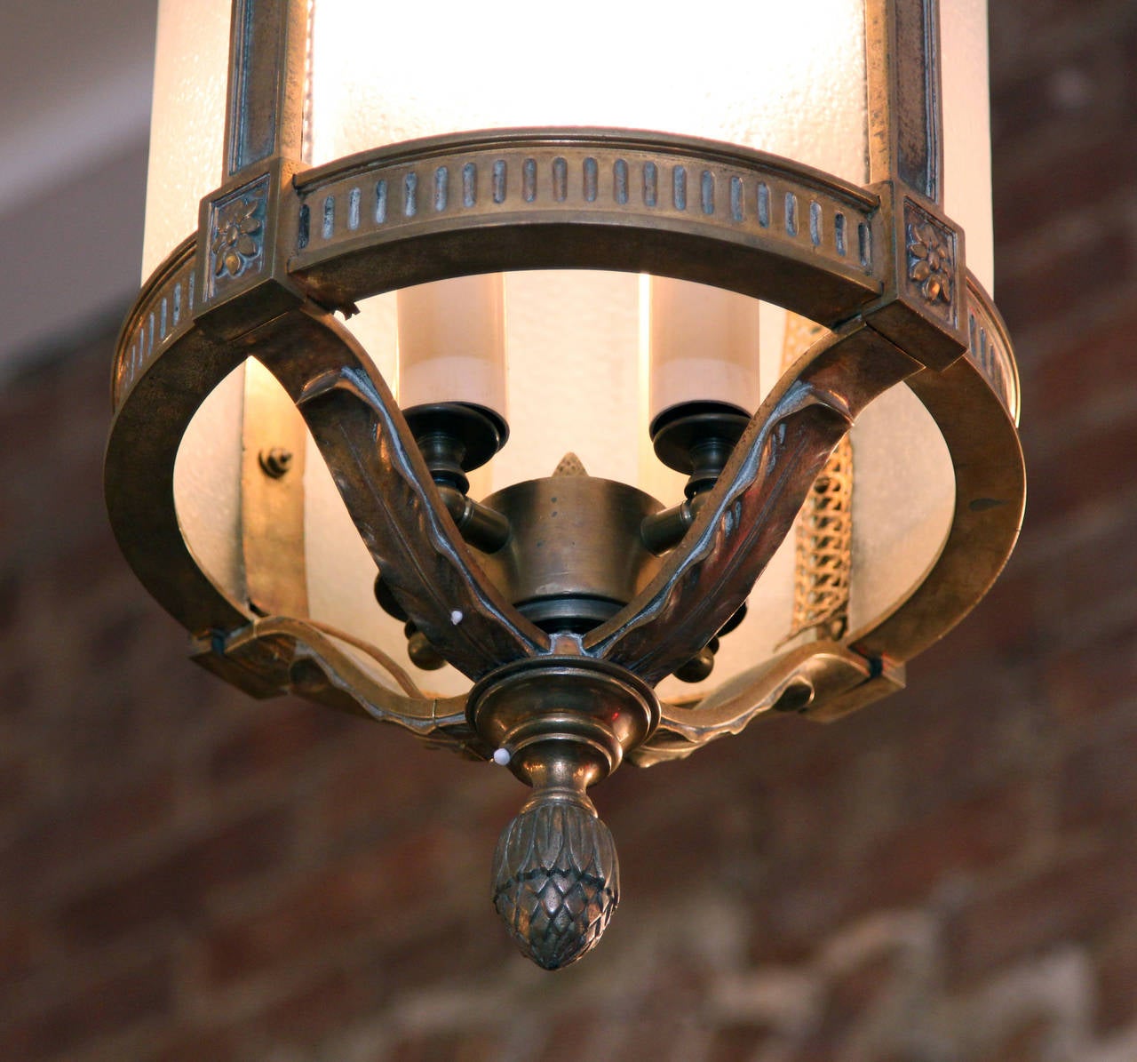 American 1900 Cast Bronze Lantern with Four Lights and Frosted Glass
