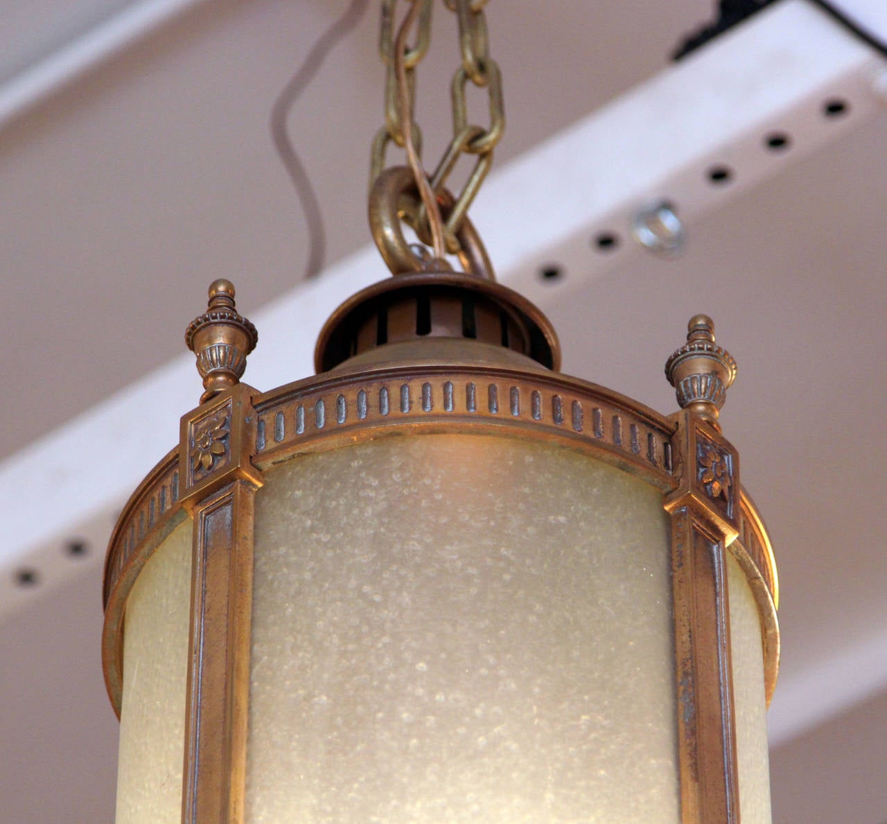 1900 Cast Bronze Lantern with Four Lights and Frosted Glass In Excellent Condition In New York, NY