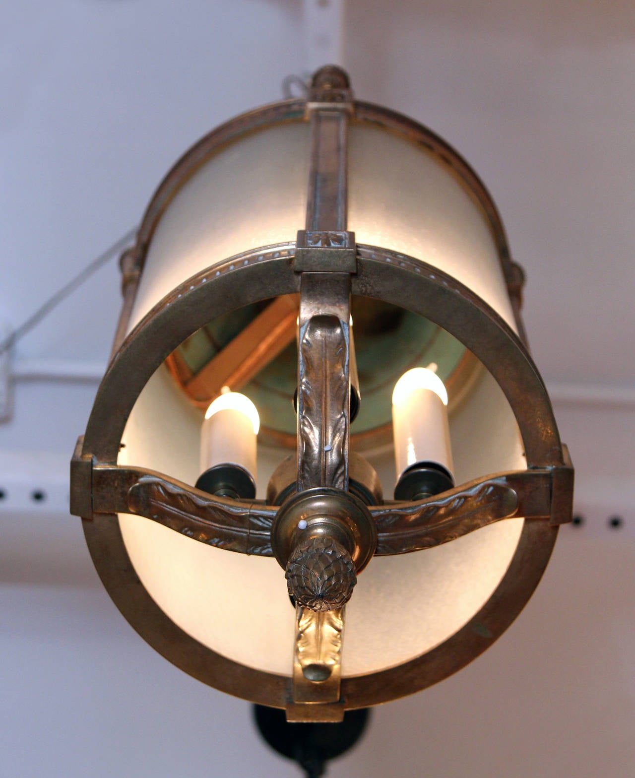 Early 20th Century 1900 Cast Bronze Lantern with Four Lights and Frosted Glass