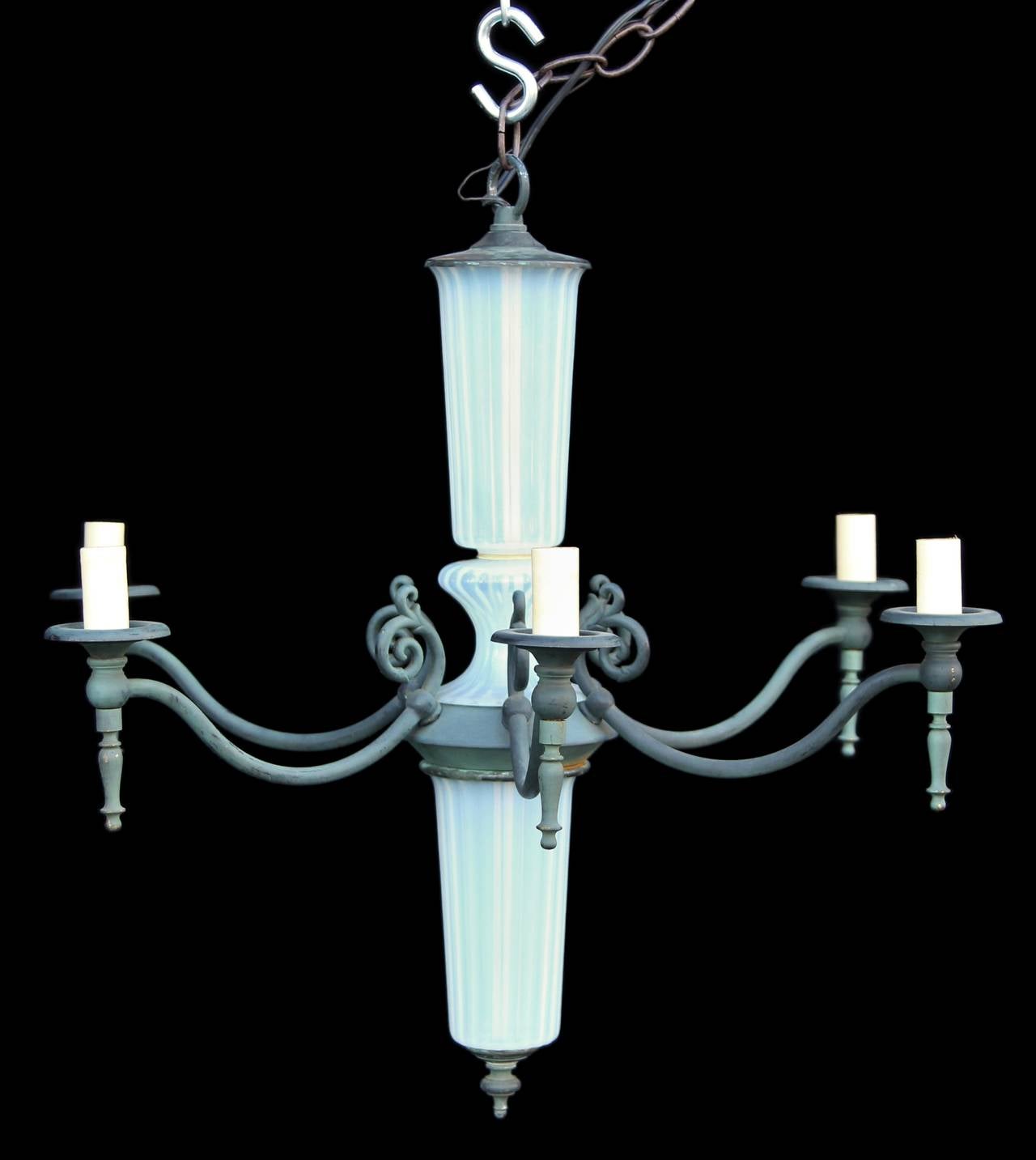 Neoclassical 1940s French Opaline Glass Six-Light Chandelier with Verdigris Finish