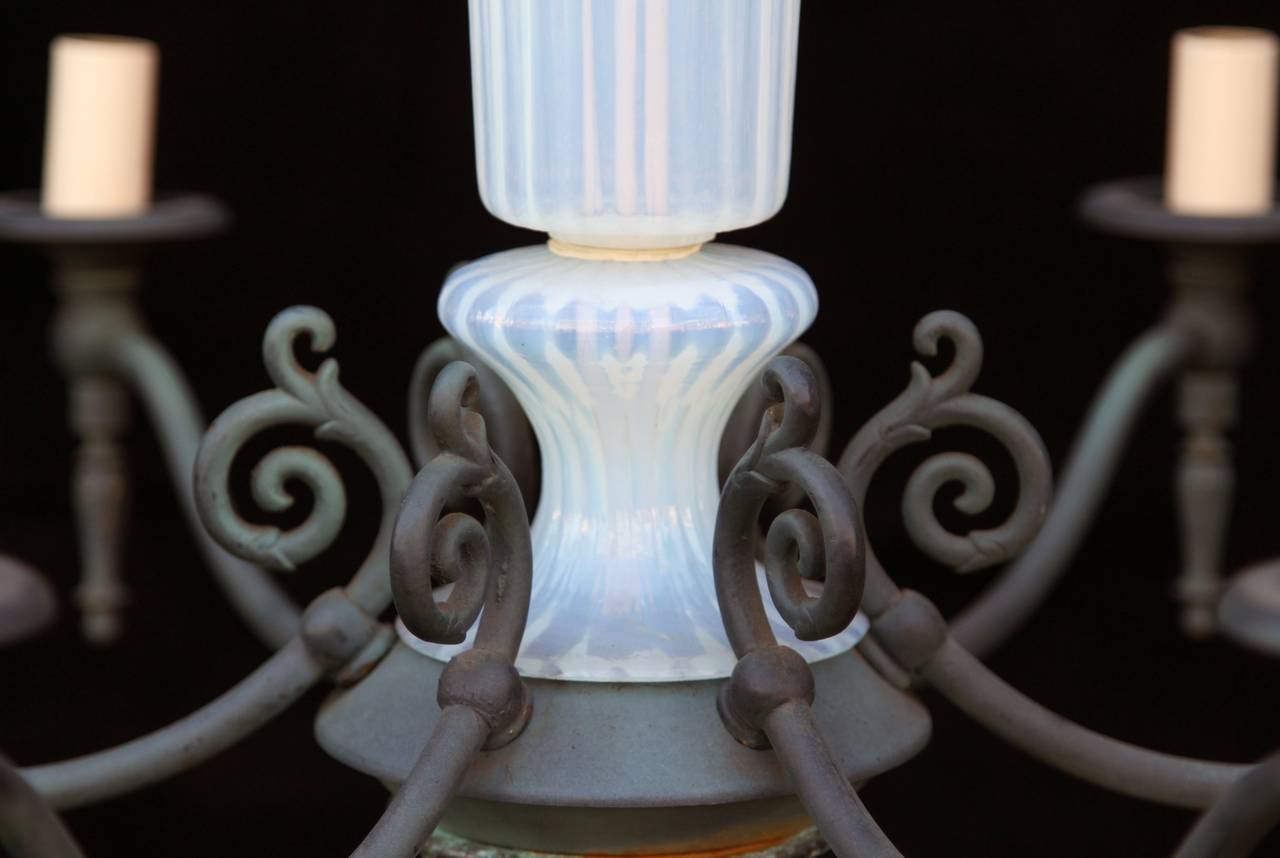 20th Century 1940s French Opaline Glass Six-Light Chandelier with Verdigris Finish