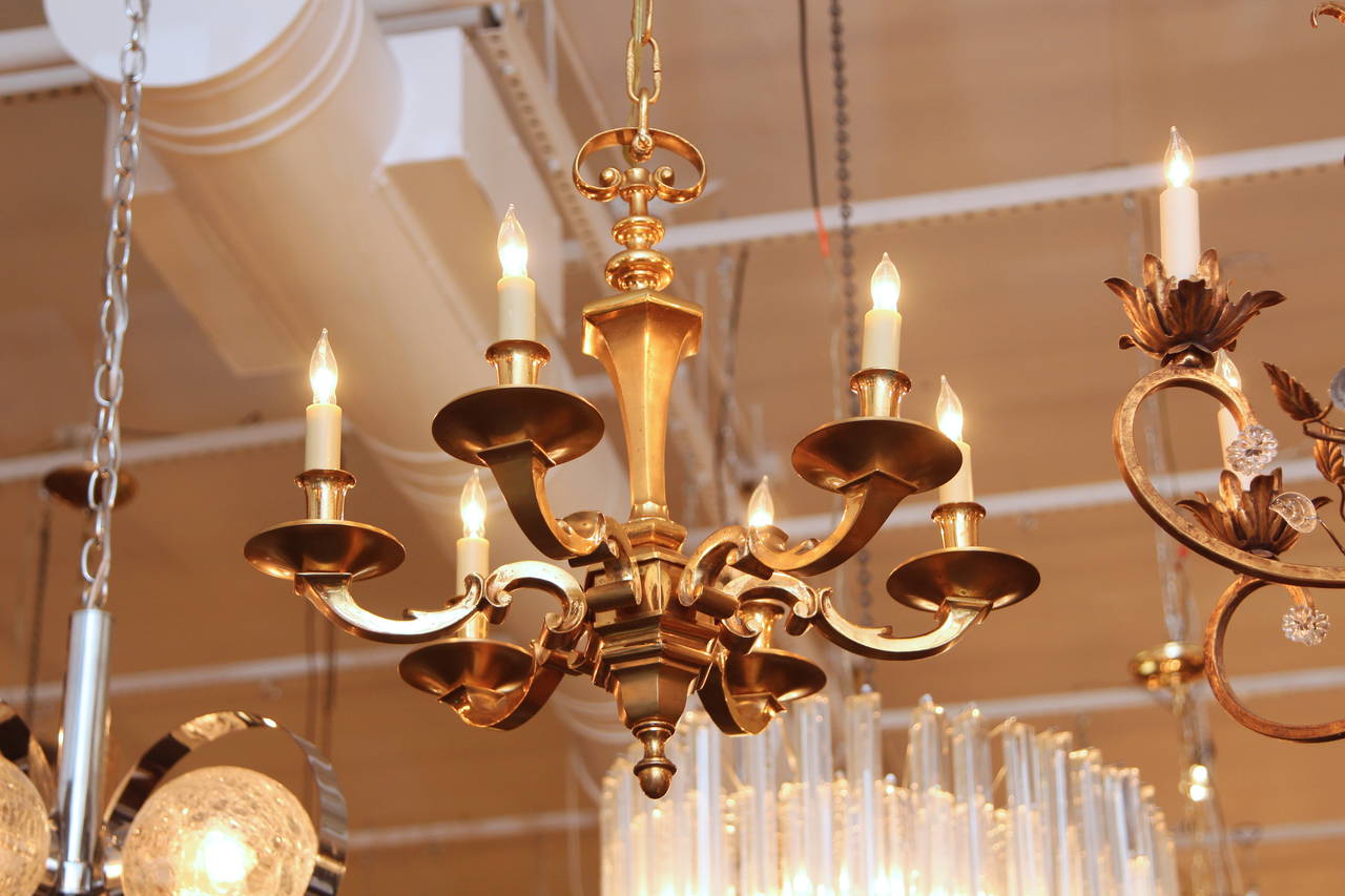 1930s Spanish Gold-Plated Six-Light Bronze Chandelier In Excellent Condition In New York, NY