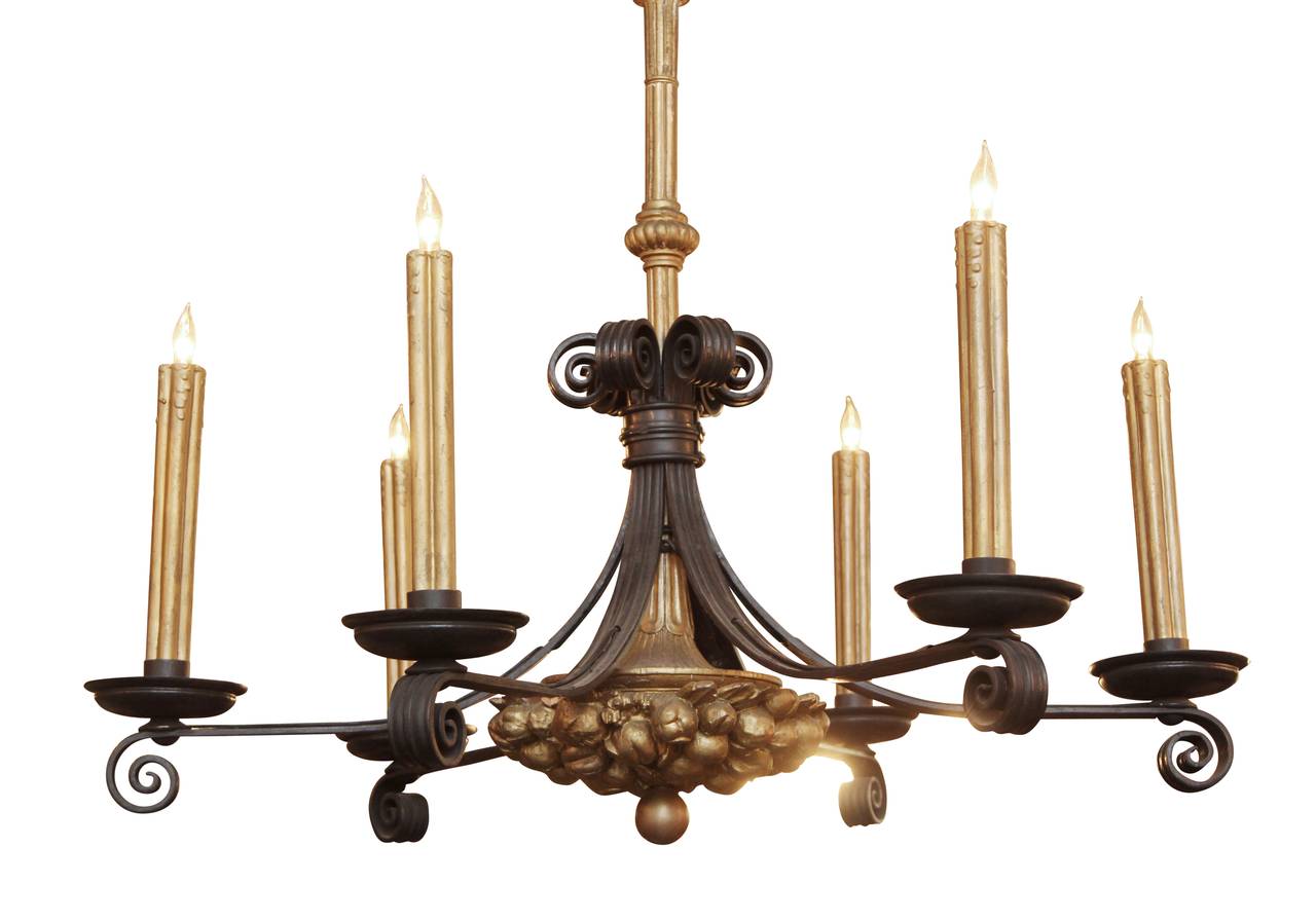 1930s Neoclassical French Wrought Iron and Gesso Six-Light Chandelier 4