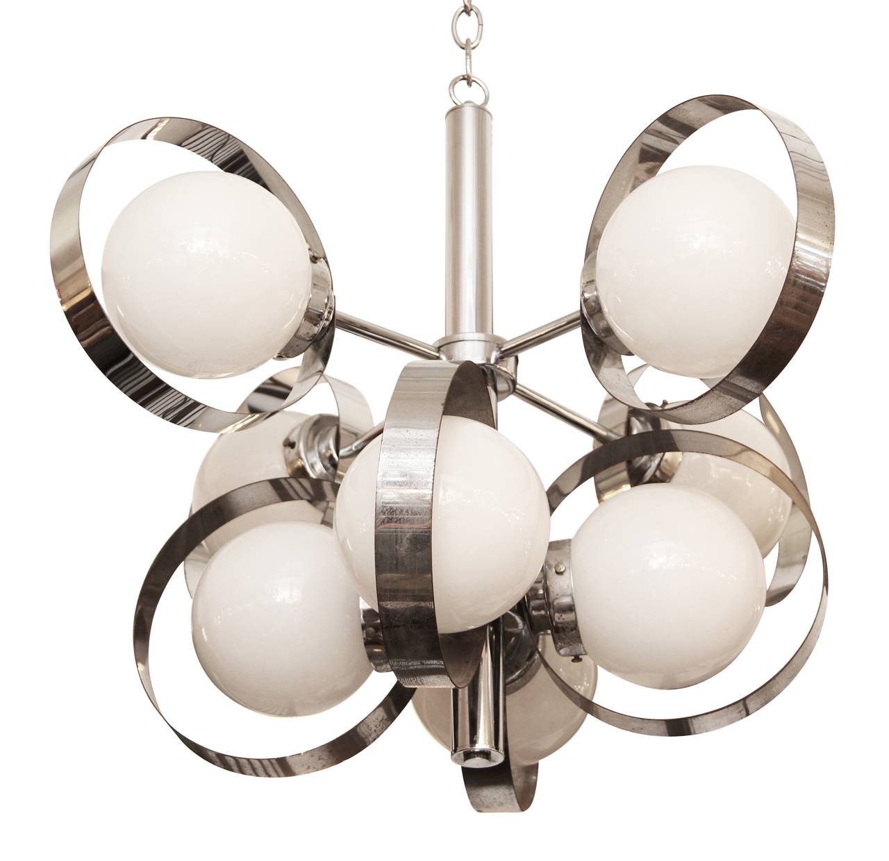 Italian Mid-Century Modern chrome and white glass fixture from the 1960s. Mid-Century Modern chandelier featuring 8 lights. Cleaned and rewired. Made in Italy with a chrome finish. Please note, this item is located in our Los Angeles, CA location.
