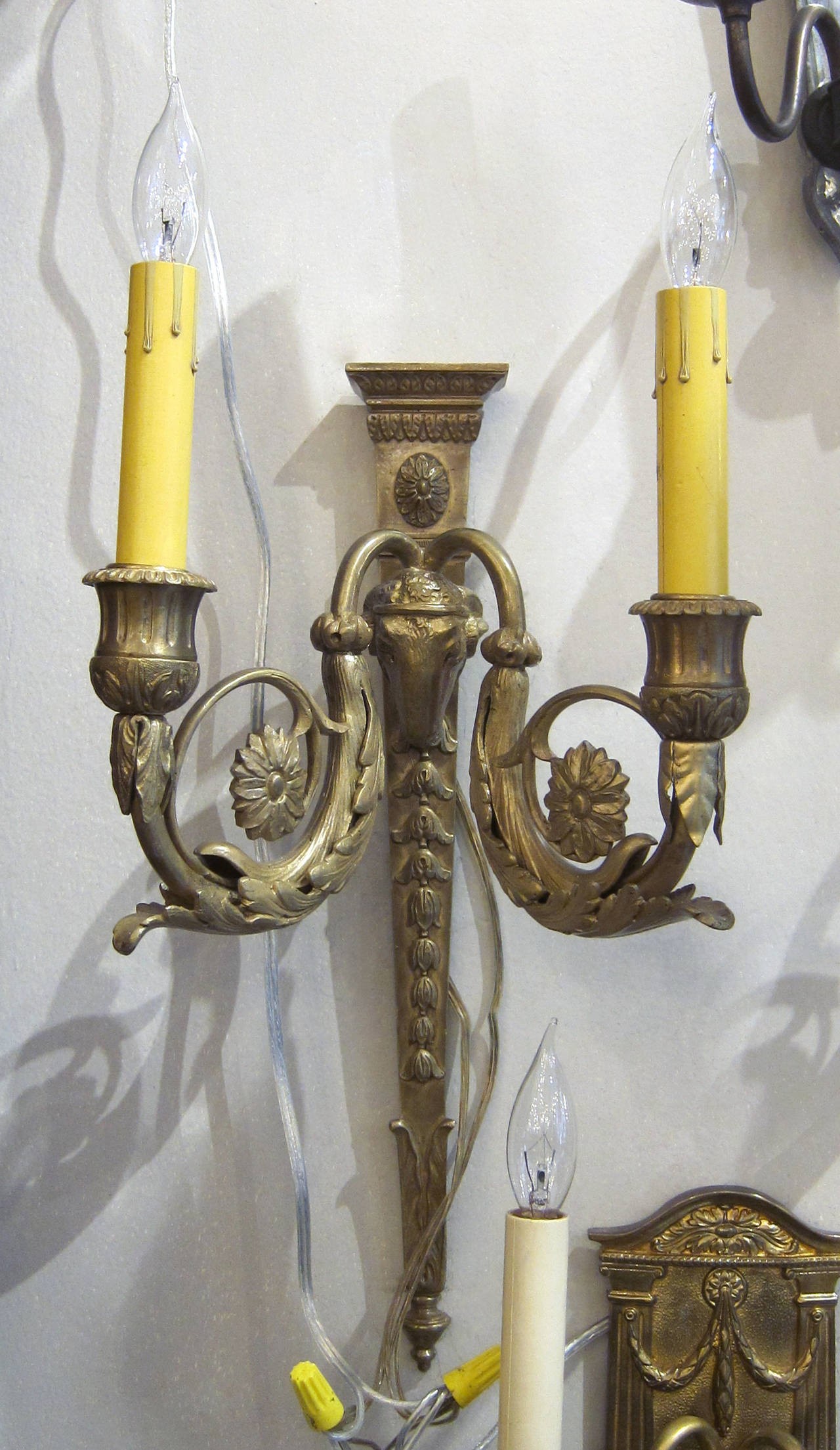 American 1930s Sheep Gilt Bronze Empire Sconces by E. F. Caldwell with Two Lights Each