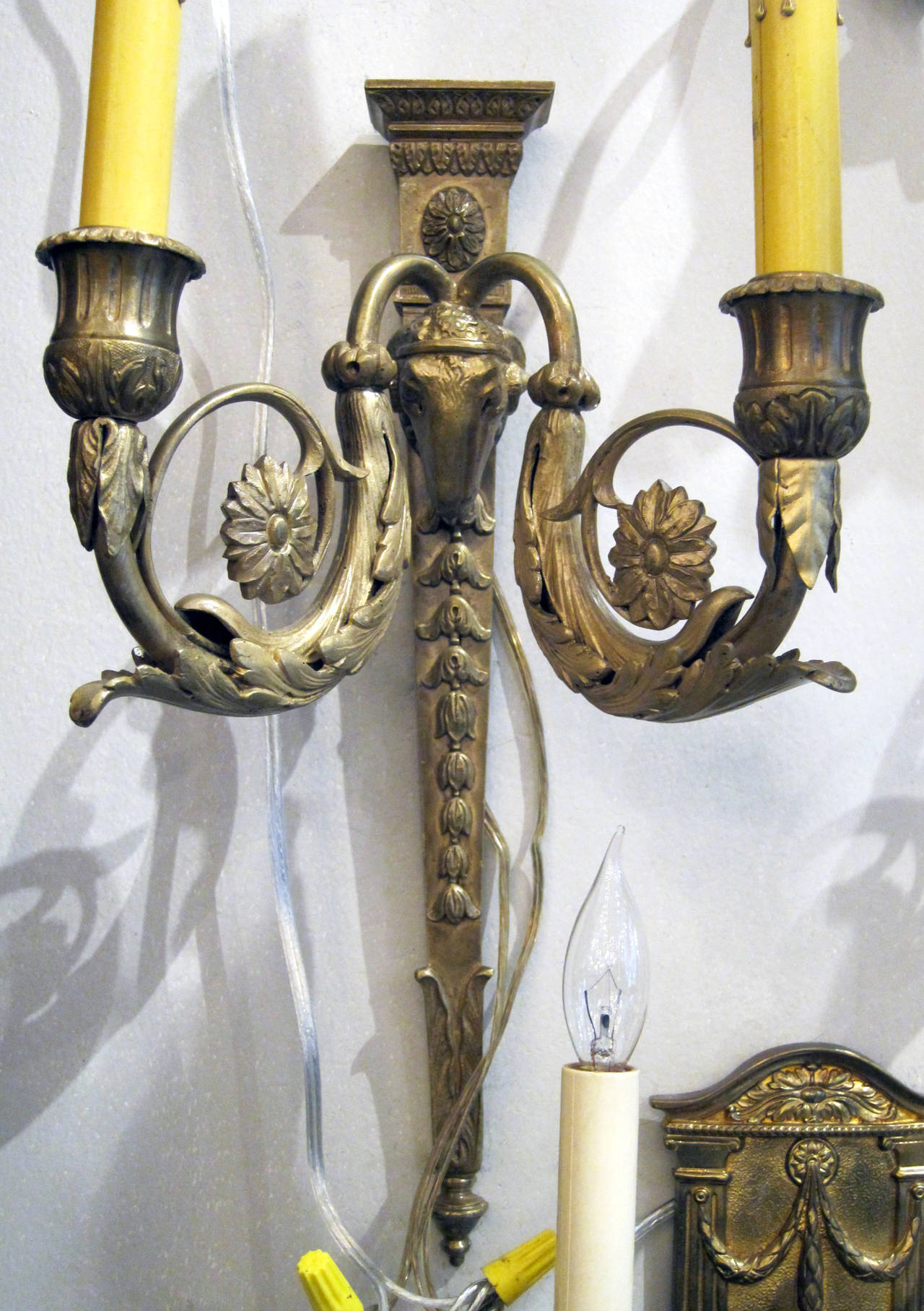 1930s Sheep Gilt Bronze Empire Sconces by E. F. Caldwell with Two Lights Each In Excellent Condition In New York, NY