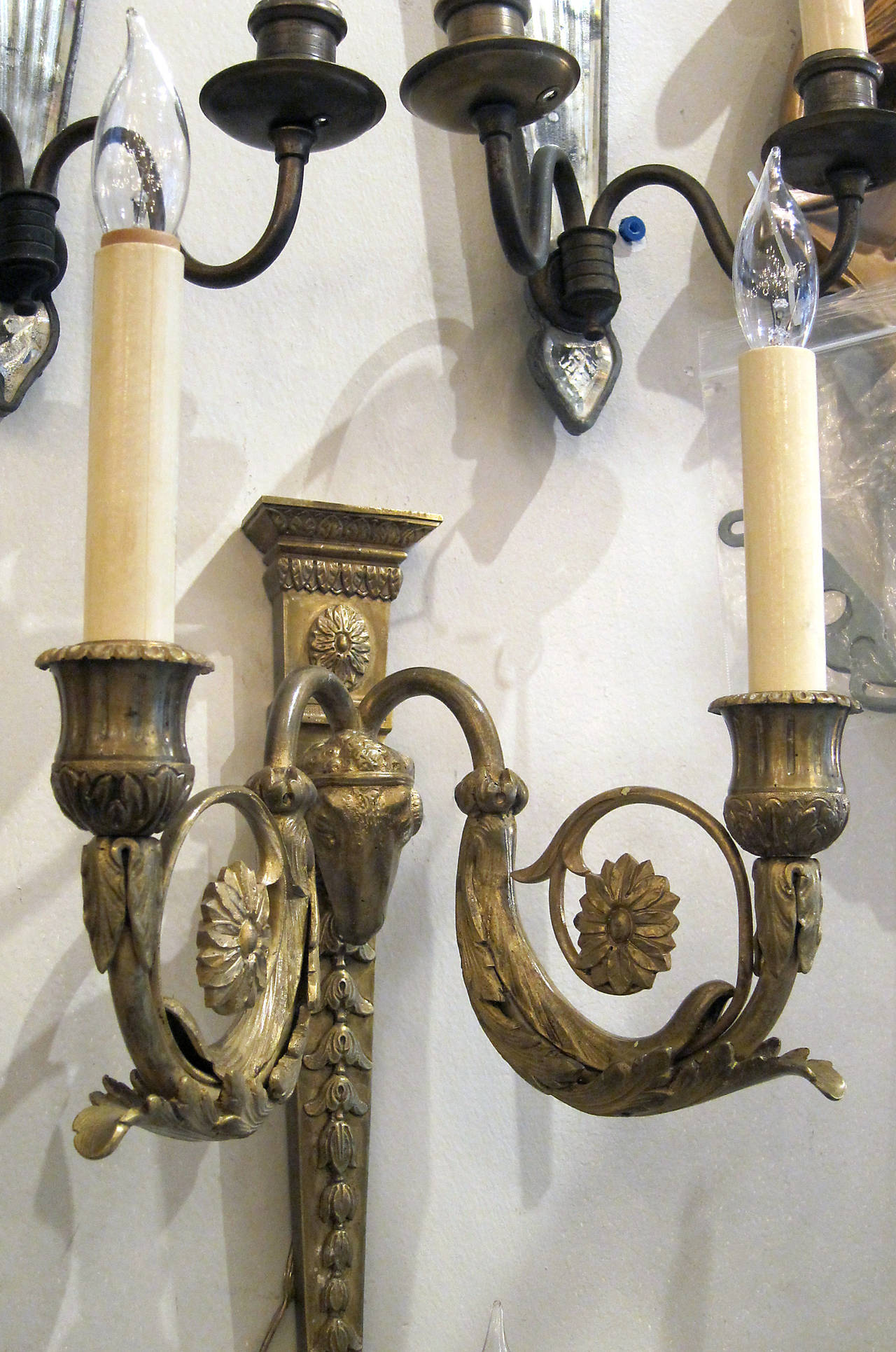 1930s Sheep Gilt Bronze Empire Sconces by E. F. Caldwell with Two Lights Each 2