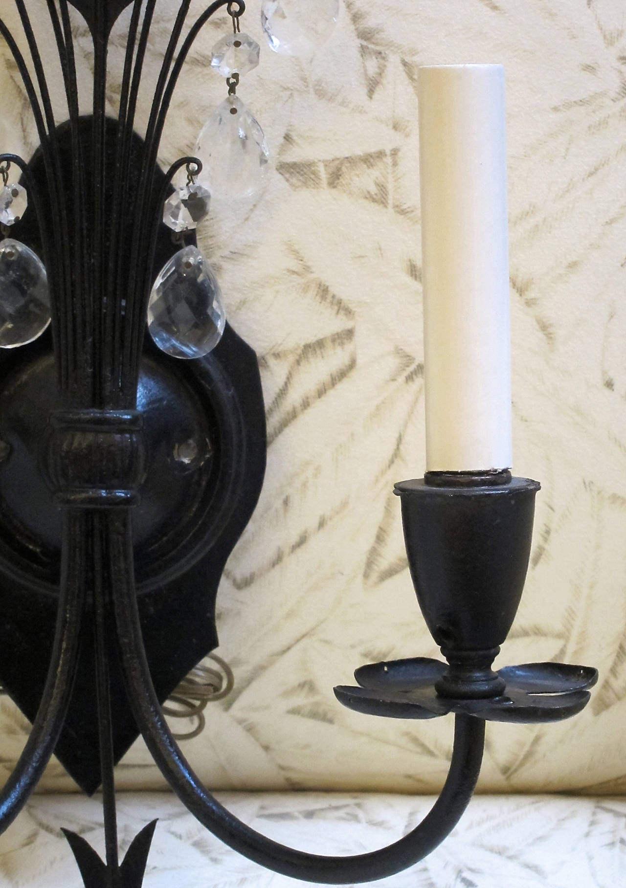 Early 20th Century 1920s Pair of Federal Style Iron and Crystal Sconces with Arrow