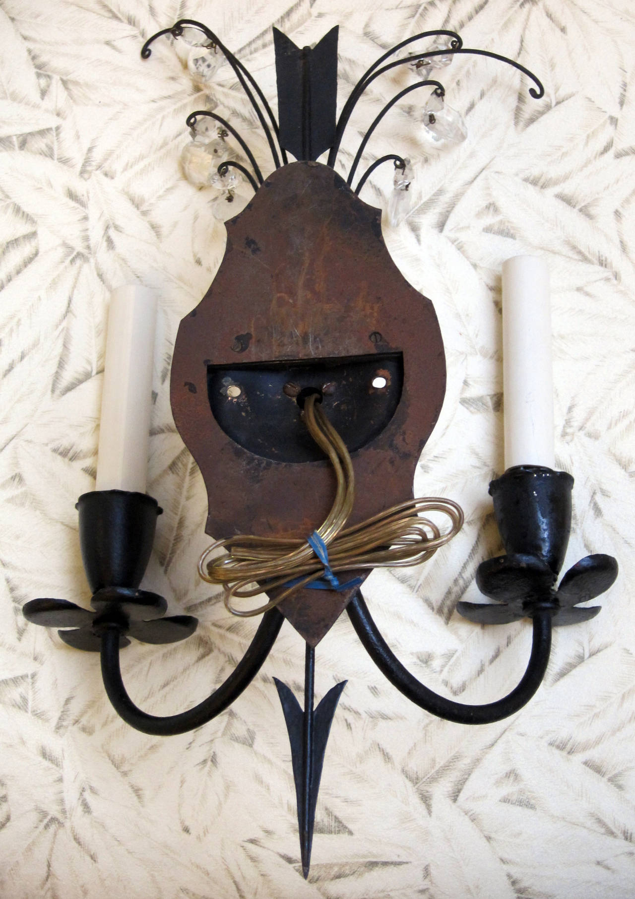 1920s Pair of Federal Style Iron and Crystal Sconces with Arrow 1