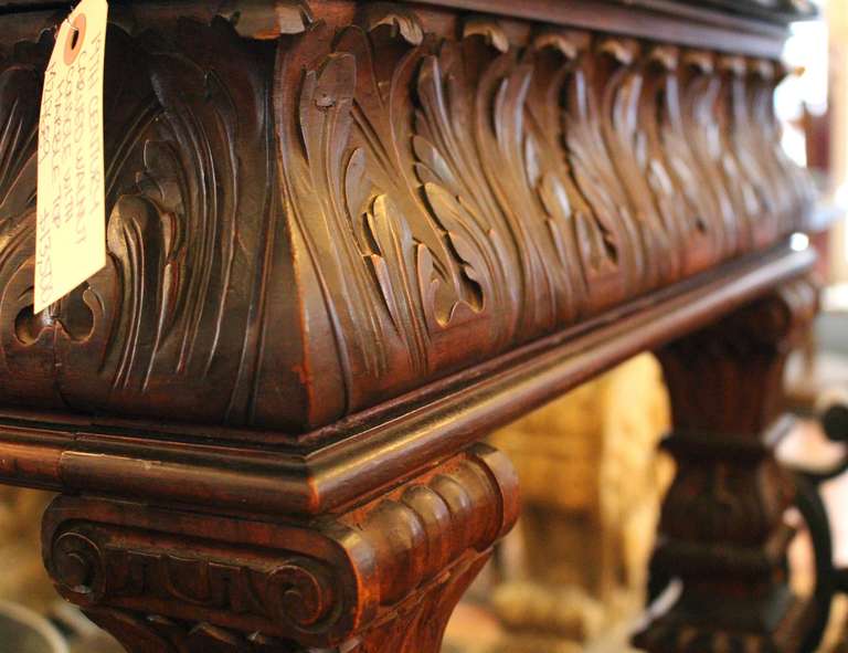 Walnut 19th Century Heavily Carved Wood Console Table with Marble Top