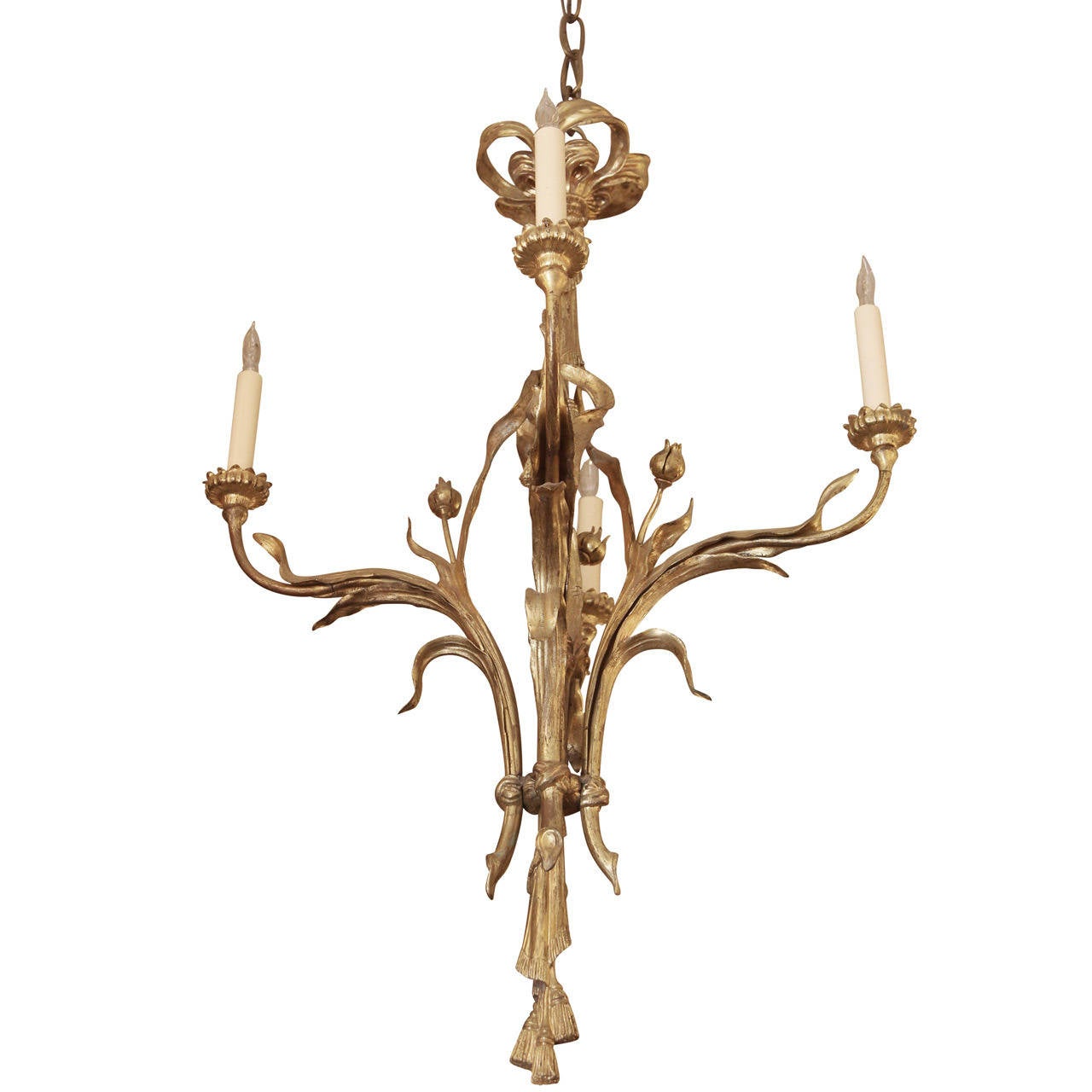 1900s French Ormolu Bronze Chandelier with Flowers, Rope, Ribbons and a