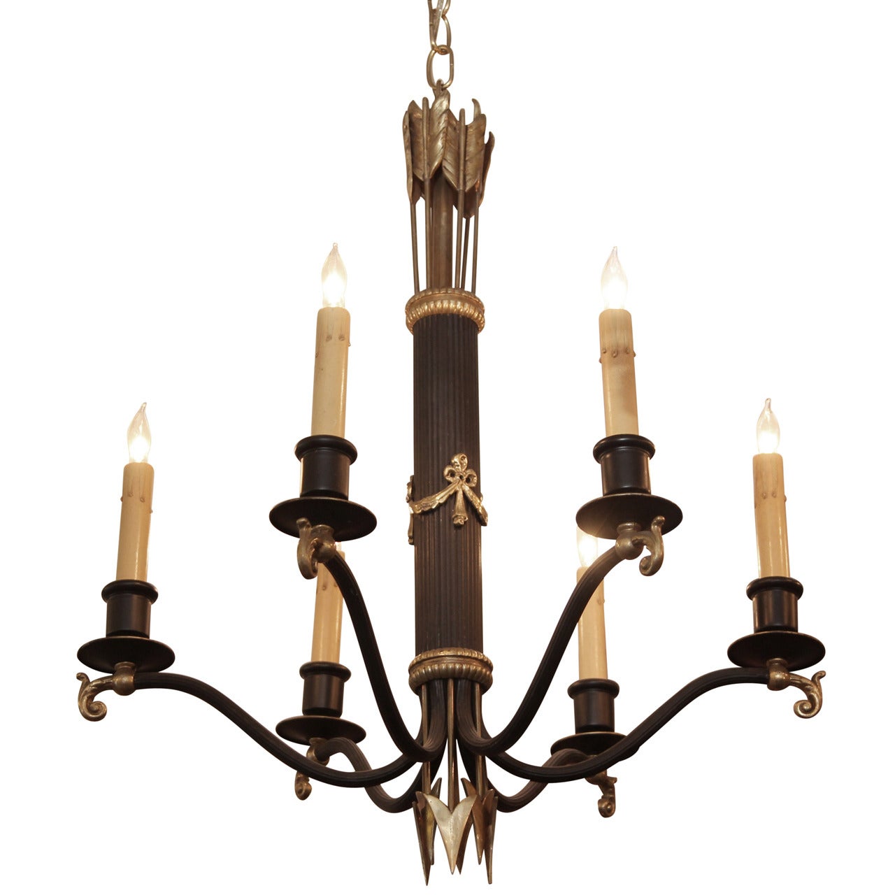 1930s French Regency Gold and Black Six-Light Chandelier with Swags and Spears