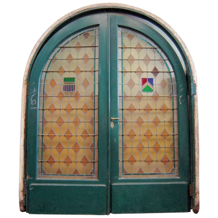 Large Pair of Arched Leaded and Stained Glass Doors For Sale at 1stdibs