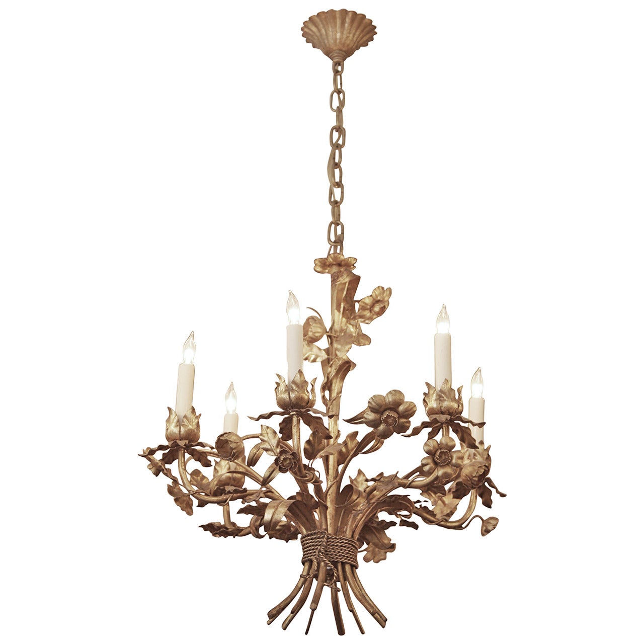 1950s Italian Gilt Metal Floral Six-Light Chandelier with Wheat and Ropes
