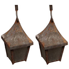 1930s Pair of French Rustic Iron Lanterns with Textured Glass