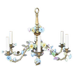 Louis XVI Style Bronze French Pastel Porcelain Floral Chandelier with Six Lights