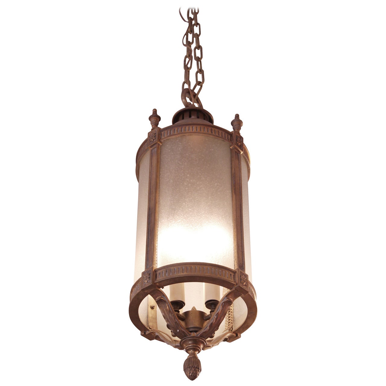 1900 Cast Bronze Lantern with Four Lights and Frosted Glass