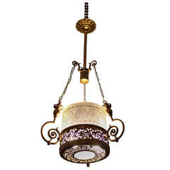 Etched and Cut Glass and Bronze Filigree Cylinder Light Fixture