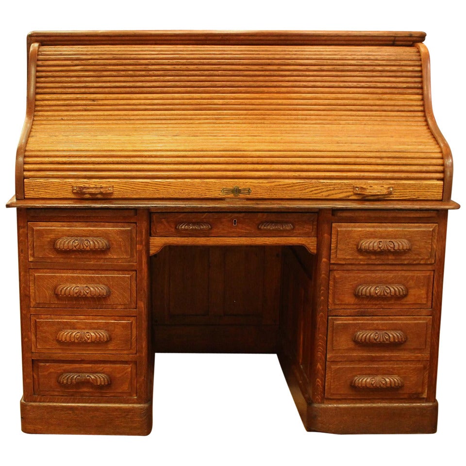 Antique Oak Roll Top Desk with Raised Panels; S-Roll Style