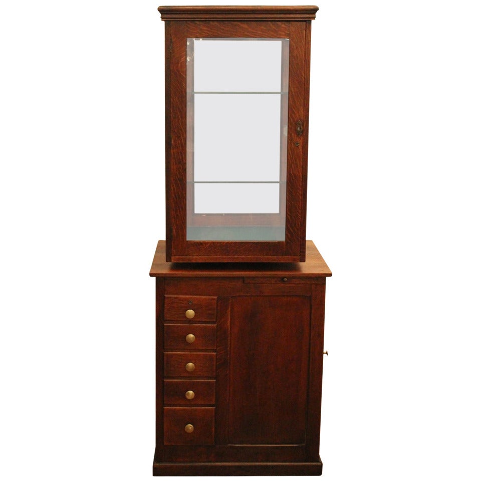 Antique Oak Revolving Display Case with Locking Drawers