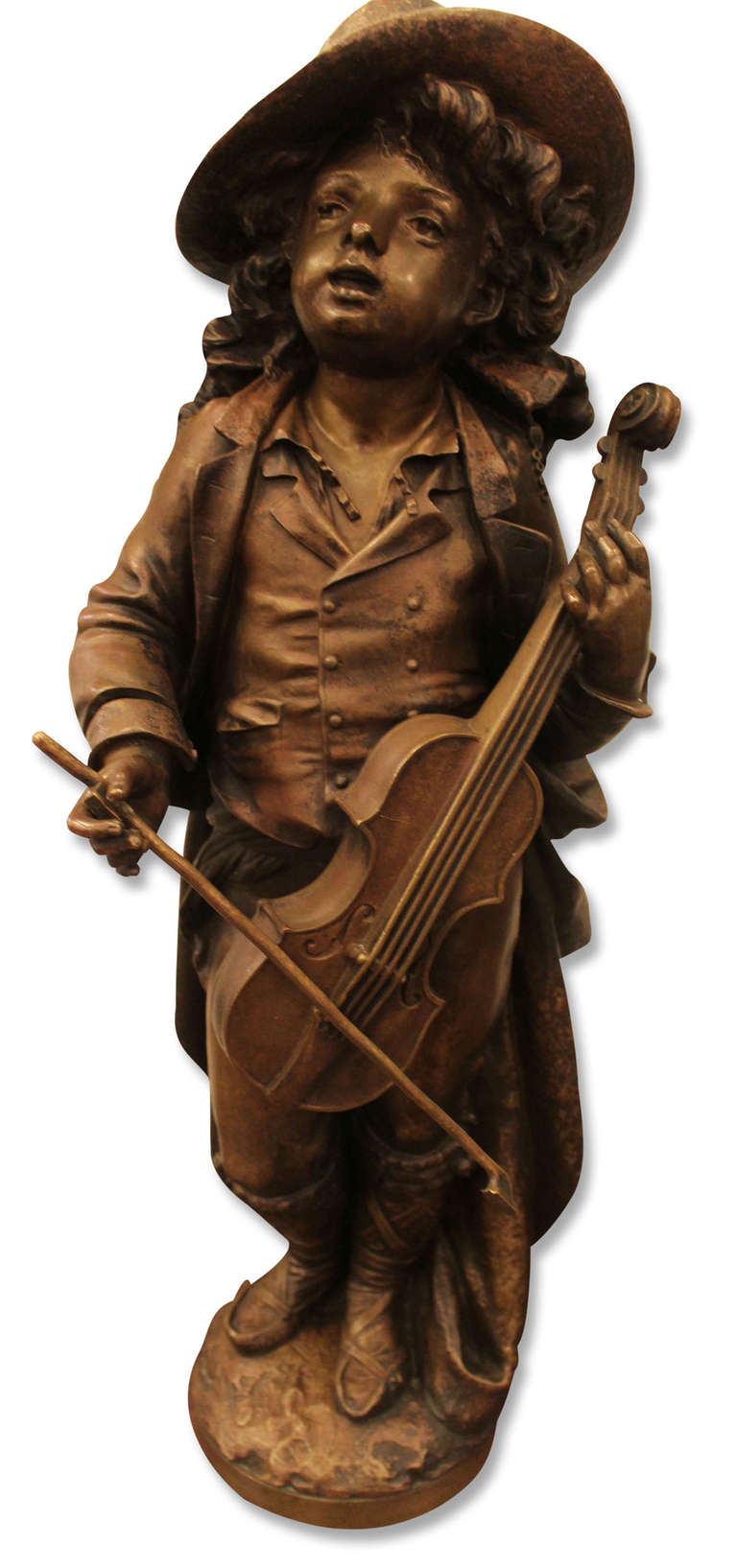 A large version of the 19th century bronze of boy with violin by Adolph Maubach with a wonderful patina. Please note, this item is located in one of our NYC locations.