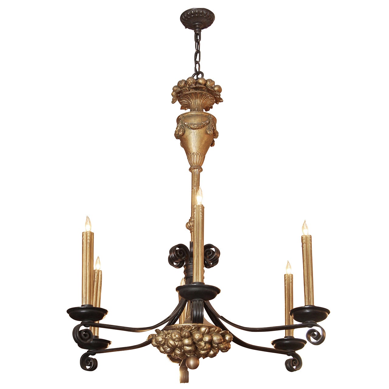 1930s Neoclassical French Wrought Iron and Gesso Six-Light Chandelier