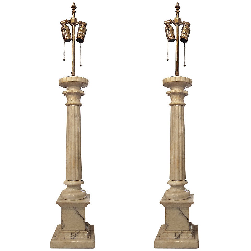 1920s Pair of French Neoclassical Alabaster Column Table Lamps
