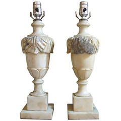 1930s French Pair of Neoclassical Style Hand-Carved Alabaster Table Lamps