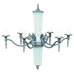 1940s French Opaline Glass Six-Light Chandelier with Verdigris Finish